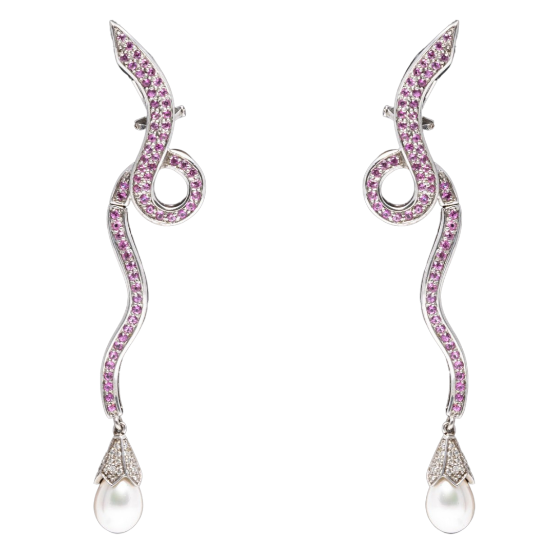 Sterling & 18K Gold Pink Sapphire, Diamond, & Pearl Drop Earrings Item #231215